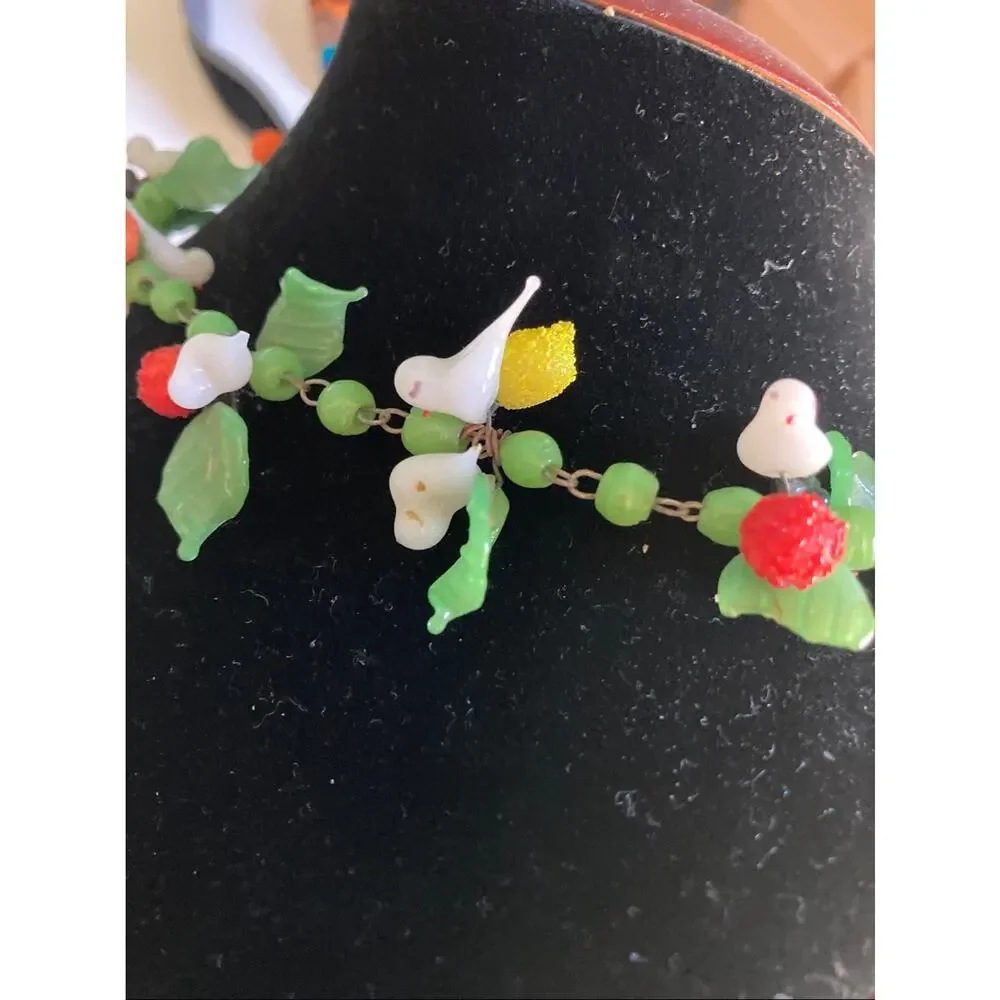 Vintage Murano Glass Tutti Frutti Fruit Salad Bird Necklace Choker Italy 16